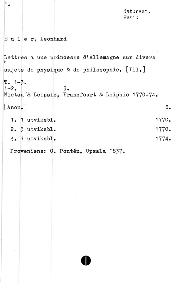  ﻿1,
Naturvet.
Fysik
Euler, Leonhard
Lettres a une princesse d'Allemagne sur divers
+
sujets de physique & de philosophie. [ill.]
T. 1-3.
1-2. 3.
Mietau & Leipsic, Francfourt & Leipsic 1770-74.
[Anon.]	8.
1.	1	utviksbl.	1770.
2.	3	utviksbl.	1770.
3.	7	utviksbl.	1774.
Proveniens: 0. Pontén, Upsala 1837.
