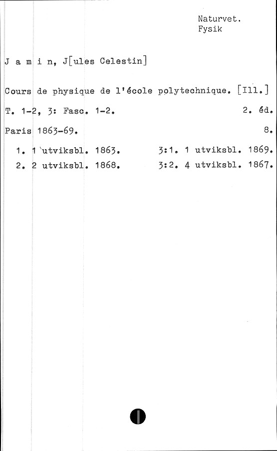  ﻿Naturvet.
Fysik
J amin, j[ules Celestin]
Cours de physique de 1'école polytechnique. [ill.]
T. 1-2, 3: Fasc. 1-2.	2. éd
Paris 1863-69.	8,
1. 1 utviksbl. 1863•	3:1. 1 utviksbl. 1869
2. 2 utviksbl. 1868.	3:2. 4 utviksbl. 1867
