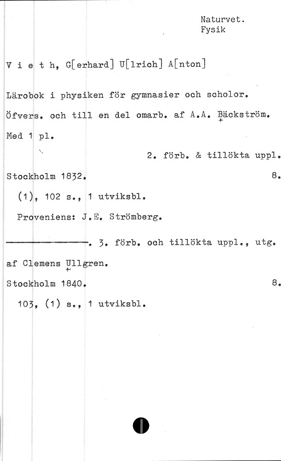  ﻿Naturvet.
Fysik
Vieth, G[erhard] U[lrich] A[nton]
Lärobok i physiken för gymnasier och scholor.
Öfvers. och till en del omarb. af A.A. Bäckström.
Med 1 pl.
2. förb. & tillökta uppl.
Stockholm 1832.	8.
(i), 102 s., 1 utviksbl.
Proveniens: J.E, Strömberg.
----------------. 3» förb. och tillökta uppl., utg.
af Clemens Ullgren.
Stockholm 1840.	8.
103, (1) s.,
1 utviksbl