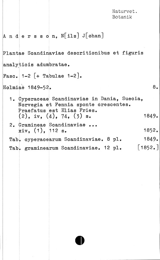  ﻿Naturvet.
Botanik
Andersson, N[ils] j[ohan]
Plantae Scandinaviae descritionibus et figuris
analyticis adumbratae.
Paso. 1-2 [+ Tabulae 1-2],
Holmiaé 1849-52,	8.
1,	Cyperaceae Scandinaviae in Dania, Suecia,
Norvegia et Pennia sponte crescentes,
Praefatus est Elias Pries.
(2), iv, (4), 74, (3) s.	1849.
2,	Gramineae Scandinaviae
xiv, (1), 112 s.	1852.
Tab, cyperacearum Scandinaviae, 8	pl.	1849.
Tab. graminearum Scandinaviae. 12	pl,	[1852.]