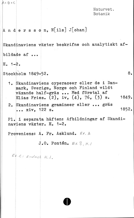  ﻿A* G+C
Naturvet.
Botanik
Andersson, N[ils] j[ohan]
Skandinaviens växter beskrifne och analytiskt af-
bildade af ...
H. 1-2.
Stockholm 1849-52.	8.
1.	Skandinaviens cyperaceer eller de i Dan-
mark, Sverige, Norge och Finland vildt
växande half-gräs ... Med företal af
Elias Fries. (2), iv, (4)» 76, (3) s. 1849.
2.	Skandinaviens gramineer eller ... gräs
... xiv, 122 s.	1852.
Pl. i separata häften: Afbildningar af Skandi-
naviens växter. H. 1-2.
Proveniens: A. Fr. Asklund. £/. A
J.O. Pontén. EiCft'#,/
