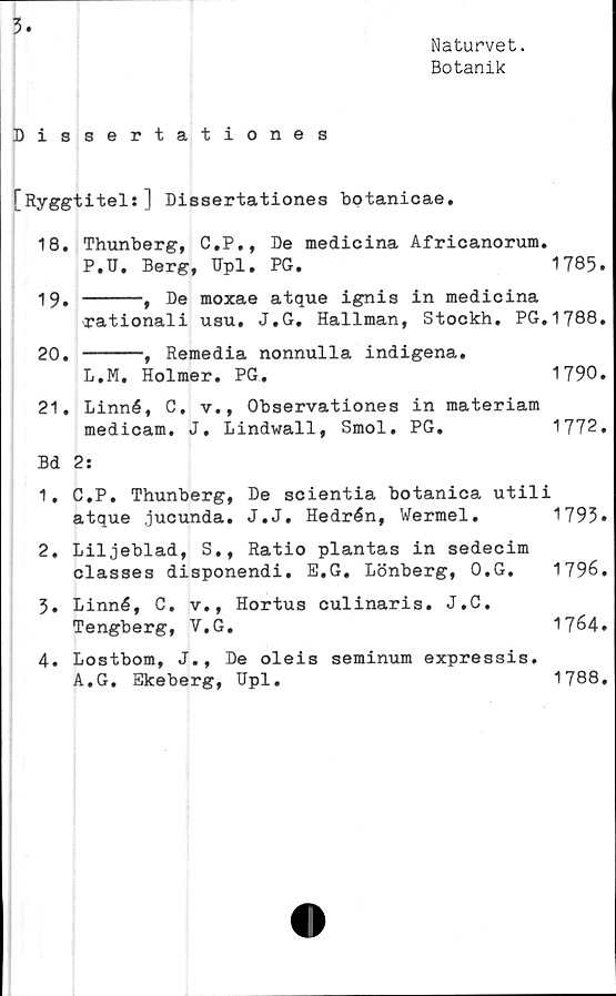  ﻿3
Naturvet.
Botanik
Dissertationes
[Ryggtitel:] Dissertationes bptanicae.
18.	Thunberg, C.P., De medicina Africanorum.
P.U. Berg, Upl. PG.	1785.
19.	-----, De moxae atque ignis in medicina
rationali usu, J.G. Hallman, Stockh. PG.1788.
20.	-----, Remedia nonnulla indigena.
L.M. Holmer. PG.	1790.
21.	Linné, C, v., Observationes in materiam
medicam, J. Lindwall, Smol. PG.	1772.
Bd 2:
1,	C.P, Thunberg, De scientia botanica utili
atque jucunda. J.J. Hedrén, Wermel.	1793*
2,	Liljeblad, S., Ratio plantas in sedecim
classes disponendi. E.G. Lönberg,	O.G. 1796.
5. Linné, C, v,, Hortus culinaris. J.C.
Tengberg, V.G.	1764.
4. Lostbom, J., De oleis seminum expressis.
A.G. Ekeberg, Upl.
1788