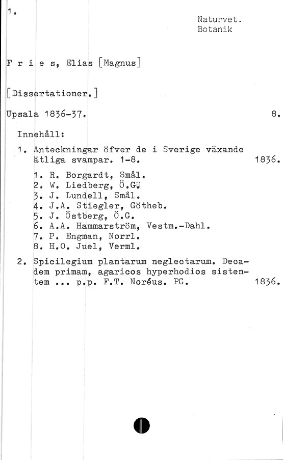  ﻿1
Naturvet.
Botanik
Fries, Elias [Magnus]
[Dissertationer.]
TJpsala 1856-37.
Innehåll:
1.	Anteckningar öfver de i Sverige växande
ätliga svampar, 1-8.
1.	R. Borgardt, Smål.
2.	W. Liedberg, Ö.G»
3.	J. Lundell, Smål.
4.	J.A. Stiegler, Götheb.
5.	J. Östberg, Ö.G.
6.	A,A. Hammarström, Vestm.-Dahl.
7.	P. Engman, Norrl.
8.	H.O. Juel, Verml.
2.	Spicilegium plantarum neglectarum. Deca-
dem primam, agaricos hyperhodios sisten-
tem ... p.p. F.T. Noréus. PG.
8.
1836.
1836.