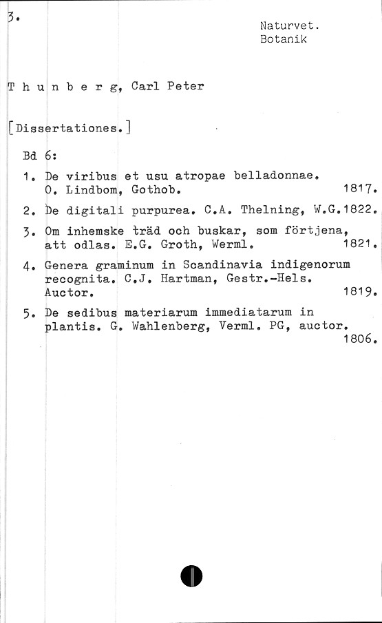  ﻿3
Naturvet.
Botanik
Thunberg, Carl Peter
[Dissertationes.]
Bd 6:
1.	De viribus et usu atropae belladonnae.
0. Lindbom, Gothob.	1817.
2.	be digitali purpurea. C,A.	Thelning, W.G,1822.
3.	Om inhemske träd och buskar, som förtjena,
att odlas. E.G. Groth, Werml.	1821.
4.	Genera graminum in Scandinavia indigenorum
recognita. C.J. Hartman, Gestr.-Hels.
Auctor.	1819.
5.	De sedibus materiarum immediatarum in
plantis. G. Wahlenberg, Verml. PG, auctor.
1806.