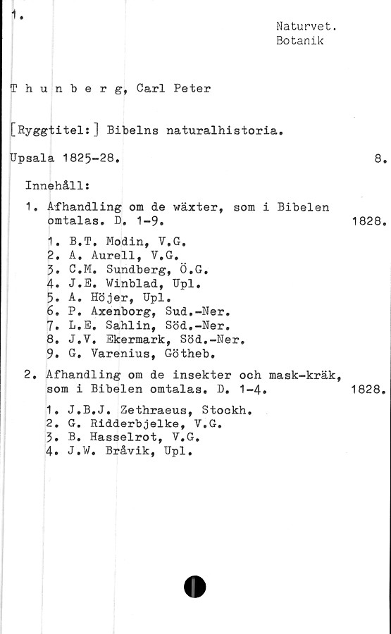  ﻿Naturvet.
Botanik
Thunberg, Carl Peter
[Ryggtitels] Bibelns naturalhistoria.
Upsala 1825-28.
Innehåll:
1.	Afhandling om de wäxter, som i Bibelen
omtalas. D. 1-9.
1.	B.T. Modin, V.G.
2.	A, Aurell, V.G.
3.	C.M. Sundberg, Ö.G.
4.	J.E. Winblad, Upl.
5.	A. Höjer, Upl.
6.	P. Axenborg, Sud.-Ner.
7.	L.E. Sahlin, Söd.-Ner.
8.	J.V. Ekermark, Söd.-Ner.
9.	G, Varenius, Götheb.
2.	Afhandling om de insekter och mask-kräk,
som i Bibelen omtalas. D, 1-4.
1.	J.B.J. Zethraeus, Stockh.
2.	G. Ridderbjelke, V.G.
3.	B. Hasselrot, V.G.
4.	J.W. Bråvik, Upl.
8.
1828.
1828.