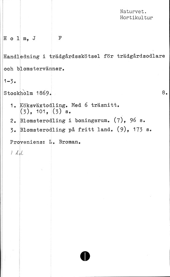  ﻿Naturvet.
Hortikultur
Holm, J	F
Handledning i trädgårdsskötsel för trädgårdsodlare
och blomstervänner.
1-3.
Stockholm 1869.	8»
1.	Köksväxtodling. Med 6 träsnitt.
(3), 101, (3) s.
2.	Blomsterodling i boningsrum. (7), 96 s.
3.	Blomsterodling på fritt land. (9), 173 s.
Proveniens: L# Broman