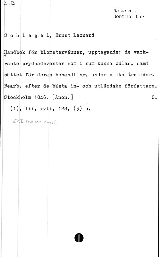  ﻿Naturvet.
Hortikultur
A-* 'Ö
Schlegel, Ernst Leonard
Handbok för blomstervänner, upptagande: de vack-
raste prydnadsvexter som i rum kunna odlas, samt
sättet för deras behandling, under olika årstider.
Bearb. efter de bästa in- och utländske författare
Stockholm 1846. [Anon,]	8
(1), iii, xvii, 128, (3) s.
pmrf'