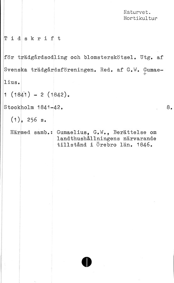  ﻿Naturvet.
Hortikultur
Tidskrift
för trädgårdsodling och blomsterskötsel. Utg. af
Svenska trädgårdsföreningen. Red. af G.W. Gumae-
lius.
1 (1841) - 2 (1842).
Stockholm 1841-42.	8.
(1), 256 s.
Härmed samb.: Gumaelius, G.W,, Berättelse om
landthushållningens närvarande
tillstånd i Örebro län. 1846.