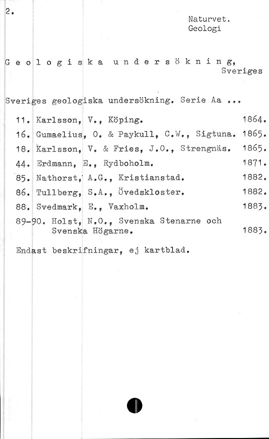  ﻿2
Naturvet.
Geologi
Sveriges
Geologiska undersökning,
Sveriges
Sveriges geologiska undersökning. Serie Aa ...
11. Karlsson, V., Köping.	1864.
16. Gumaelius, 0, & Paykull, C.W., Sigtuna. 1865»
18. Karlsson, V. & Fries, J.O., Strengnäs. I865.
44» Erdmann, E., Rydboholm.	1871.
85.	Nathorst,' A.G., Kristianstad.	1882.
86.	Tullberg, S.A., Övedskloster.	1882.
88. Svedmark, E., Vaxholm.	1883.
89-90. Holst, N.O., Svenska Stenarne och
Svenska Högarne.	1883.
Endast beskrifningar, ej kartblad