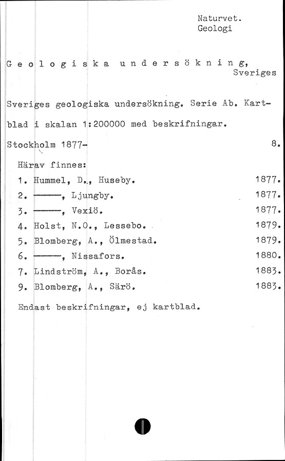  ﻿Naturvet.
Geologi
Geologiska undersökning,
Sveriges
Sveriges geologiska undersökning. Serie Ab. Kart-
blad i skalan 1:200000 med beskrifningar.
Stockholm 1877-	8,
Härav finnes:
1.	Hummel, D,., Huseby,	1877»
2.	-----,	Ljungby.	1877.
3.	-----,	Vexiö.	1877.
4.	Holst,	N.O., Lessebo.	1879.
5.	Blomberg, A,, Ölmestad.	1879.
6.	-----,	Nissafors.	1880.
7.	Lindström, A., Borås.	1883.
9.	Blomberg, A., Särö.	1883.
Endast beskrifningar, ej kartblad.