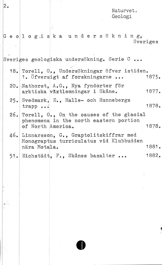  ﻿2
Naturvet.
Geologi
Geolog.i ska undersökning,
Sveriges
Sveriges geologiska undersökning. Serie C ...
18. Torell, 0., Undersökningar öfver istiden.
1. Öfversigt af forskningarne ...	1873.
20. 'Nathorst, A,G,, Nya fyndorter för
arktiska växtlemningar i Skåne.	1877.
25.	Svedmark, E., Halle- och Hunnebergs
trapp ...	1878.
26.	Torell, 0., On the causes of the glacial
phenomena in the north eastern portion
of North America.	1878.
46. Linnarsson, G., Graptolitskiffrar med
Monograptus turriculatus vid Klubbudden
nära Motala.	1881.
51. Eichstädt, F,, Skånes basalter ...	1882.
