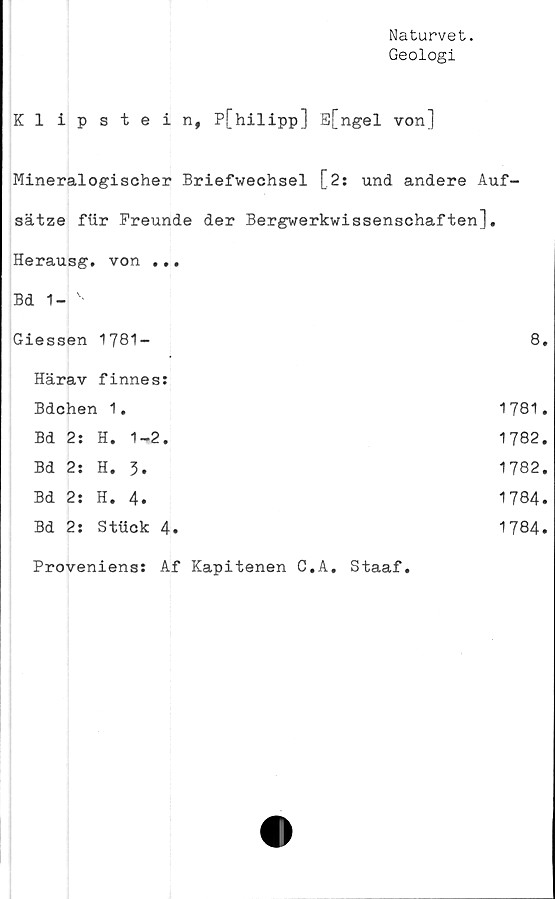  ﻿Naturvet.
Geologi
Klipstein, P[hilipp] E[ngel von]
Mineralogischer Briefwechsel [2: und andere Auf-
sätze fur Freunde der Bergwerkwissenschaften],
Herausg, von •..	
Bd 1- v-	
Giessen 1781-	8.
Härav finnes:	
Bdchen 1.	1781.
Bd 2: H. 1-2.	1782.
Bd 2: H. 3.	—t -0 00 ro •
Bd 2; H. 4.	1784.
Bd 2: Stiick 4. Proveniens: Af Kapitenen C.A, Staaf.	1784.