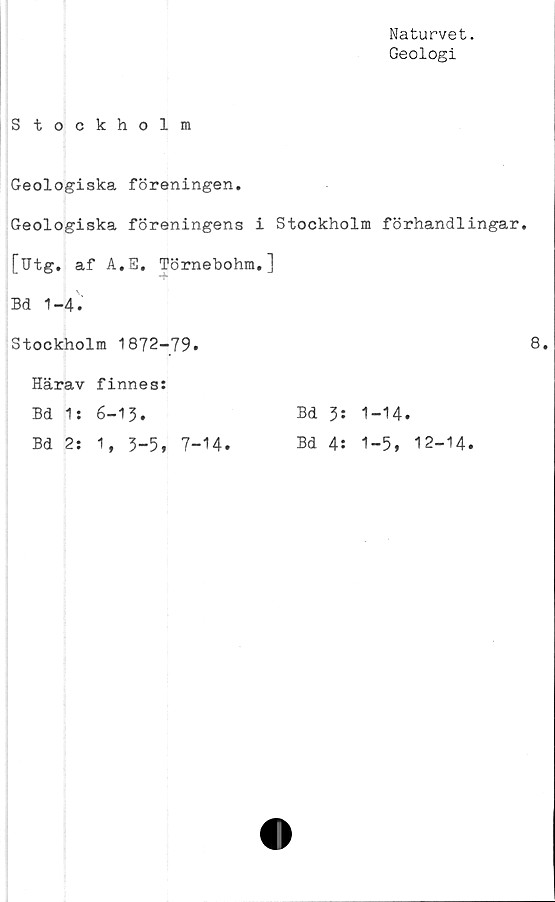  ﻿Naturvet.
Geologi
Stockholm
Geologiska föreningen.
Geologiska föreningens i Stockholm förhandlingar.
[Utg. af A.E. Törnebohm.]
Bd 1-4.
Stockholm 1872-79.	8.
Härav finness
Bd 1: 6-13.
Bd 2: 1, 3-5, 7-14
Bd 3: 1-14.
Bd 4: 1-5, 12-14.