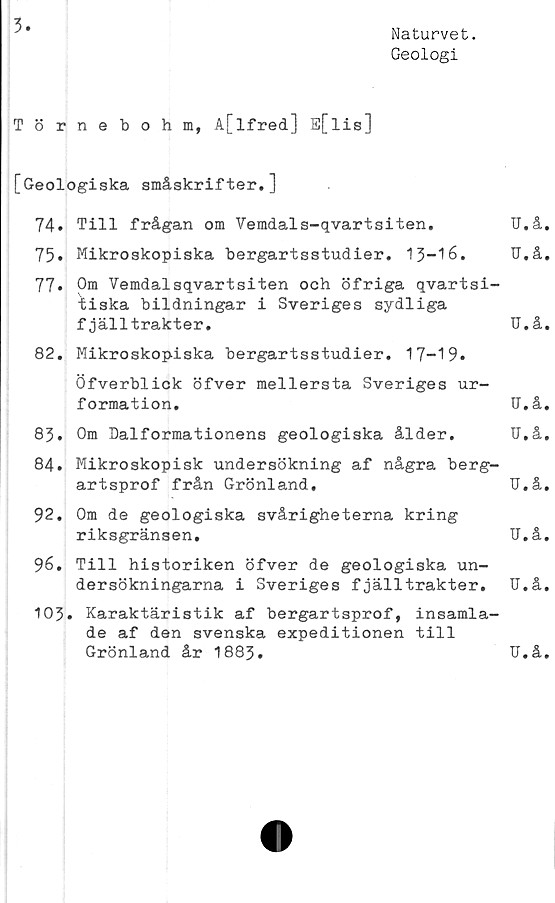  ﻿3
Naturvet.
Geologi
Törnebohm, A[lfred] E[lis]
[Geologiska småskrifter.]
74.	Till frågan om Vemdals-qvartsiten.	U.å.
75.	Mikroskopiska bergartsstudier. 13-16.	U.å.
77* Pro Vemdalsqvartsiten och öfriga qvartsi-
tiska bildningar i Sveriges sydliga
fjälltrakter.	U.å.
82.	Mikroskopiska bergartsstudier. 17-19.
Öfverblick öfver mellersta Sveriges ur-
formation.	U.å.
83.	Om Dalformationens geologiska ålder.	U.å,
84.	Mikroskopisk undersökning af några berg-
artsprof från Grönland.	U.å,
92. Om de geologiska svårigheterna kring
riksgränsen.	U.å.
96. Till historiken öfver de geologiska un-
dersökningarna i Sveriges fjälltrakter.	U.å.
103. Karaktäristik af bergartsprof, insamla-
de af den svenska expeditionen till
Grönland år 1883.	U.å.