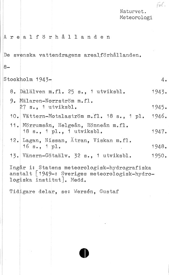  ﻿f*/.
Naturvet.
Meteorologi
Arealförhållanden
De svenska vattendragens areal.förhållanden,
8-
Stockholm 1943“	4.
8.	Dalälven m.fl. 25 s., 1 utviksbl.	1943*
9.	Mälaren-Norrström m.fl.
27 s., 1 utviksbl.	1945.
10.	Vättern-Motalaström m.fl. 18 s., 1 pl. 1946.
11.	Mörrumsån, Helgeån, Rönneån m.fl.
18 s., 1 pl., 1	utviksbl.	1947.
12.	Lagan, Nissan, Ätran, Viskan m.fl.
16 s., 1 pl.	1948.
13.	Vänern-Götaälv.	32	s.,	1 utviksbl.	1950.
Ingår i: Statens meteorologisk-hydrografiska
anstalt [1949—: Sveriges meteorologisk-hydro
logiska institut], Medd.
Tidigare delar, se: Wersén, Gustaf