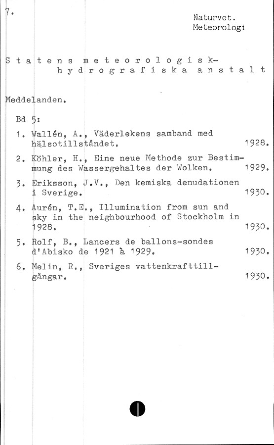  ﻿7
Naturvet.
Meteorologi
Statens meteorologis k-
hydrografiska anstalt
Meddelanden.
Bd 5:
1.	Wallén, A,, Väderlekens samband med
hälsotillståndet.	1928.
2.	Köhler, H., Eine neue Methode zur Bestim-
mung des Wassergehaltes der Wolken.	1929.
3.	Eriksson, J.V., Den kemiska denudationen
i Sverige.	1930.
4.	Aurén, T.S., Illumination from sun and
sky in the neighbourhood of Stockholm in
1928.	1930.
5.	Rolf, B., Lancers de ballons-sondes
d'Abisko de 1921 å J\323.	1930.
6.	Melin, R., Sveriges vattenkrafttill-
gångar.
1930