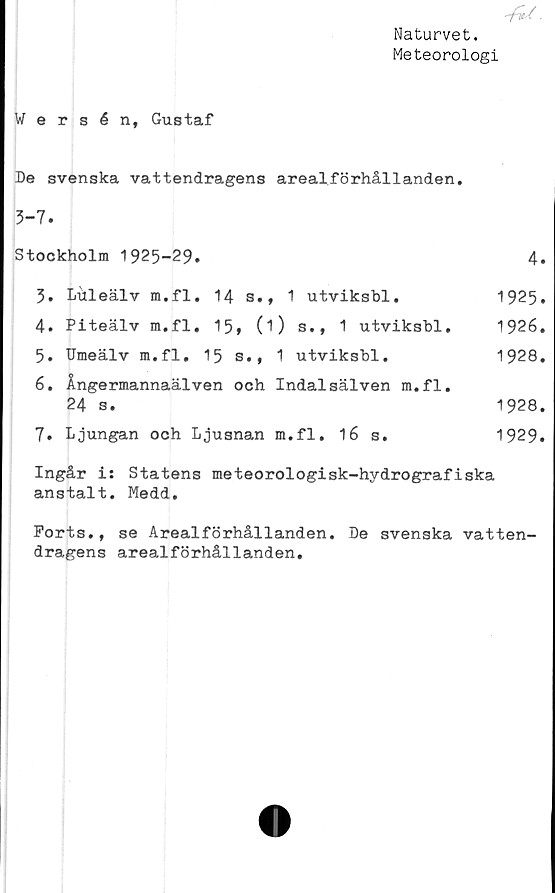  ﻿Naturvet.
Meteorologi
Wersén, Gustaf
De svenska vattendragens areal.förhållanden.
3-7.
Stockholm 1925-29.	4.
3.	Ldleälv	m.fl.	14	s.,	1	utviksbl.	1925.
4. Piteälv m.fl. 15, 0) s., 1 utviksbl.	1926.
5. Umeälv m.fl. 15 s., 1 utviksbl.	1928.
6.	Ångermannaälven och Indalsälven m.fl.
24 s.	1928.
7.	Ljungan	och Ljusnan m.fl.	16	s.	1929.
Ingår i: Statens meteorologisk-hydrografiska
anstalt. Medd.
Ports., se Arealförhållanden. De svenska vatten-
dragens arealförhållanden.