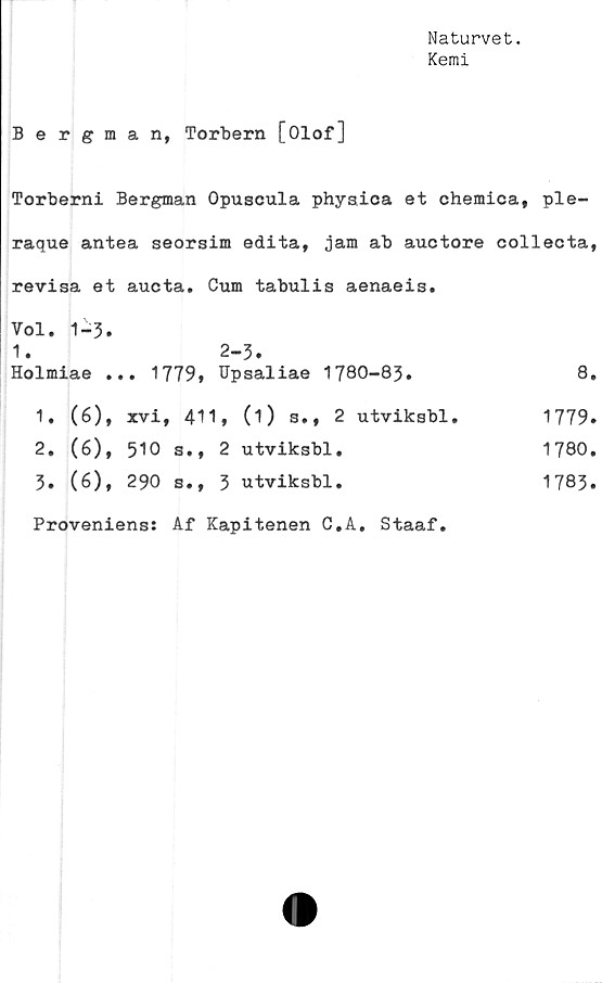  ﻿Naturvet.
Kemi
Bergman, Torbern [Olof]
Torberni Bergman Opuscula physica et chemica, ple-
raque antea seorsim edita, jam ab auctore collecta,
revisa et	aucta. Cum tabulis aenaeis.	
Vol. 1-3. 1.	2-3.	
Holmiae .	.• 1779» Upsaliae 1780-83.	8
1. (6),	xvi, 411» (i) s.» 2 utviksbl.	1779
2. (6),	510 s.» 2 utviksbl.	1780
% (6),	290 s.» 3 utviksbl.	1783
Proveniens: Af Kapitenen G.A. Staaf.		