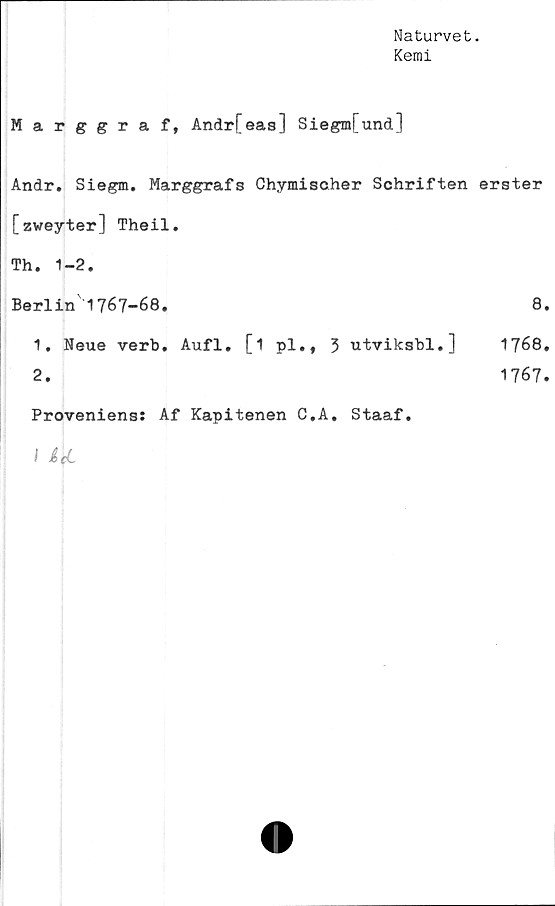  ﻿Naturvet.
Kemi
Marggraf, Andr[eas] Siegm[und]
Andr. Siegm. Marggrafs Chymisoher Schriften erster
[zweyter] Theil.
Th. 1-2.
Berlin'1767-68.	8.
1,	Neue verb.	Aufl. [1 pl., 3 utviksbl.]	1768.
2.	1767.
Proveniens: Af Kapitenen C.A. Staaf
I icL