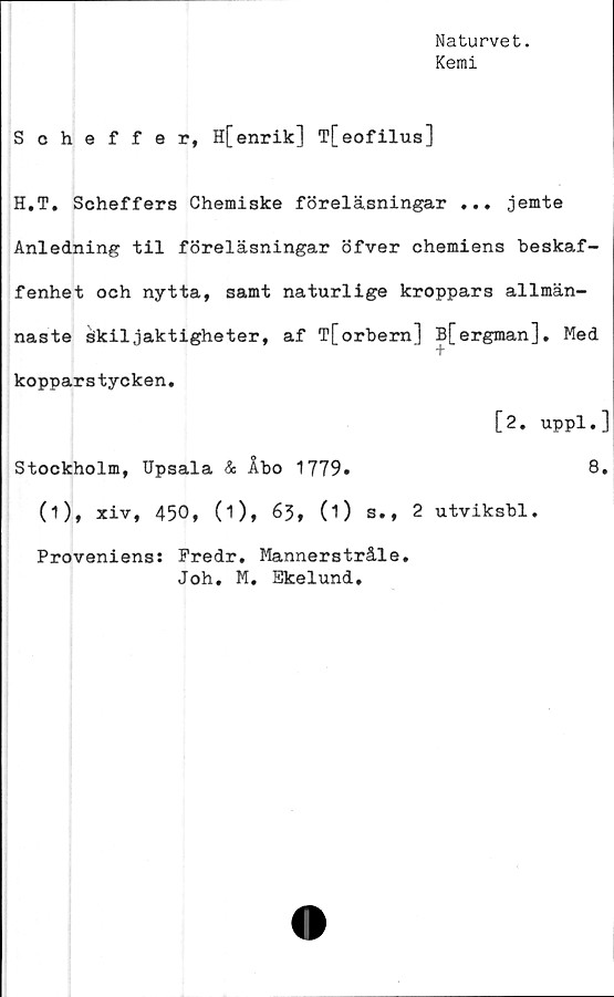  ﻿Naturvet.
Kemi
Scheffer, H[enrik] T[eofilus]
H.T. Scheffers Chemiske föreläsningar ... jemte
Anledning til föreläsningar öfver chemiens beskaf-
fenhet och nytta, samt naturlige kroppars allmän-
naste stkiljaktigheter, af T[orbem] B[ergman], Med
kopparstycken.
[2. uppl.]
Stockholm, Upsala & Åbo 1779.	8.
(1), xiv, 450, (i), 63, (1) s., 2 utviksbl.
Proveniens: Predr. Mannerstråle.
Joh. M. Ekelund.