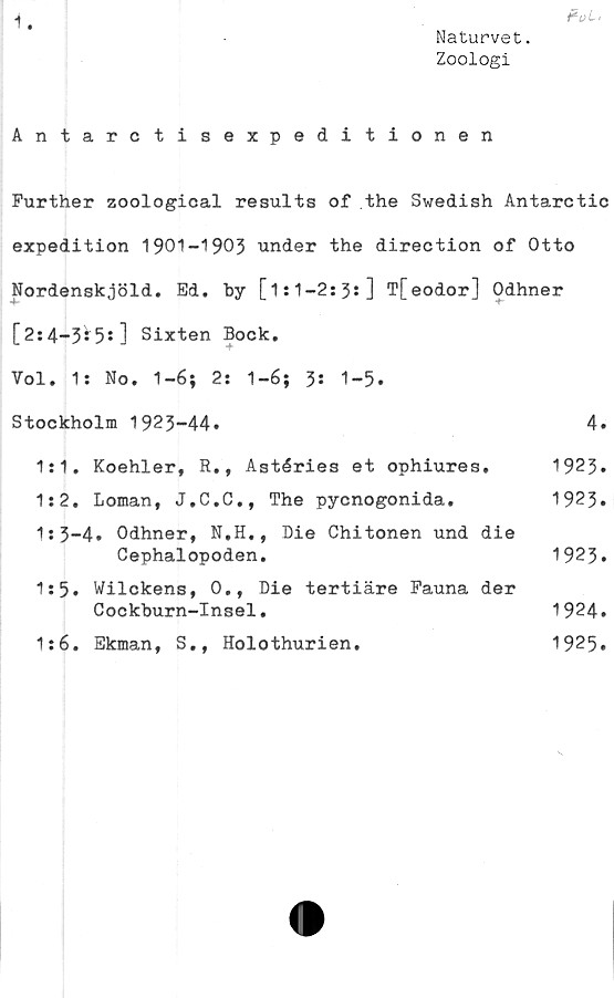  ﻿PoLt
Naturvet.
Zoologi
Antarctisexpeditionen
Further zoological results of .the Swedish Antarctic
expedition 1901-1903 under the direction of Otto
Nordenskjöld. Bd. by [1s1—2s3*] T[eodor] Odhner
[2:4-3*5*] Sixten Bock.
Vol. 1: No. 1-6; 2: 1-6; 3: 1-5.
Stockholm 1923-44.	4.
1:1.	Koehler, R., Astéries et	ophiures,	1923.
1:2.	Loman, J.C.C., The pycnogonida.	1923.
1:3-4. Odhner, N.H., Me Chitonen und die
Cephalopoden.	1923.
1:5. Wilckens, 0., Die tertiäre Fauna der
Cockburn-Insel.	1924.
1:6.	Ekman, S,, Holothurien.	1925.