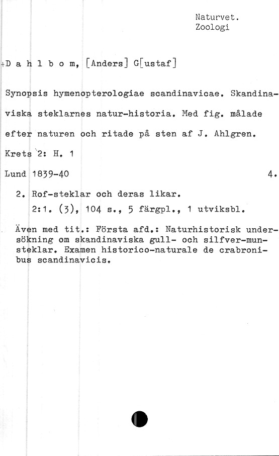  ﻿Naturvet.
Zoologi
+Dahlbom, [Anders] G[ustaf]
Synopsis hymenopterologiae scandinavicae. Skandina
viska steklarnes natur-historia. Med fig. målade
efter naturen och ritade på sten af J. Ahlgren.
Krets 2: H. 1
Lund 1839-40	4
2. Rof-steklar och deras likar.
2:1. (3), 104 s., 5 färgpl., 1 utviksbl.
Även med tit.: Första afd.: Naturhistorisk under
sökning om skandinaviska gull- och silfver-mun-
steklar. Examen historico-naturale de crabroni-
bus scandinavicis.
