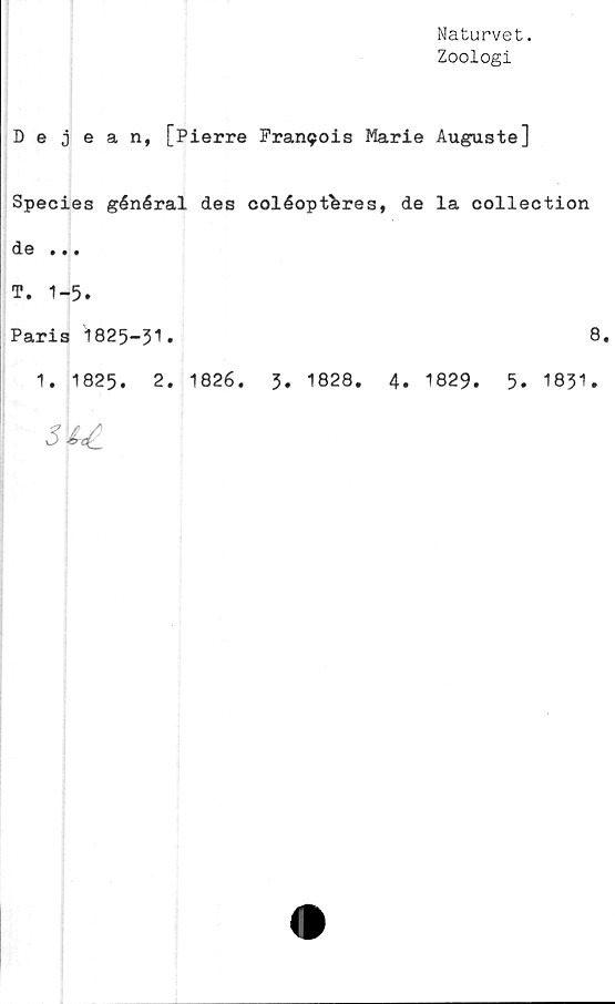  ﻿Naturvet.
Zoologi
Dejean, [Pierre Frar^ois Marie Auguste]
Species général des coléopfferes, de la collection
de «««
T. 1-5.
Paris 1825-31.	8.
1. 1825.	2. 1826.	3. 1828.	4. 1829.	5. 1831
5l£