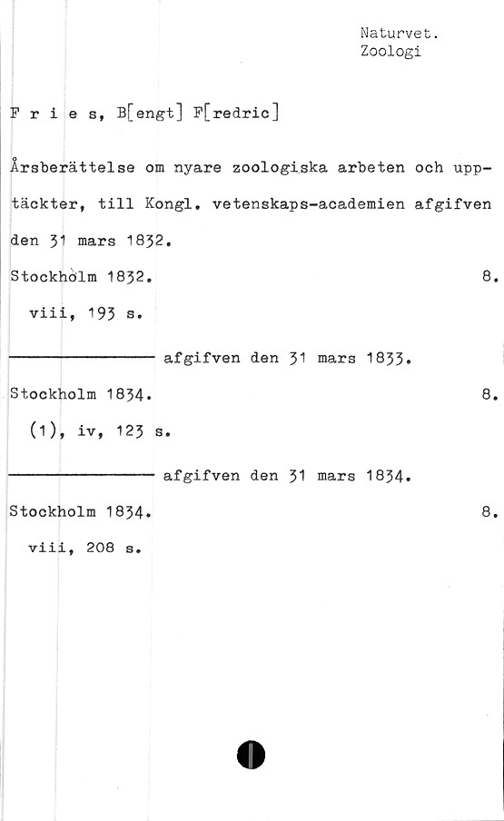  ﻿Naturvet.
Zoologi
Fries, B[engt] F[redric]
Årsberättelse om nyare zoologiska arbeten och upp-
täckter, till Kongl, vetenskaps-academien afgifven
den 31 mars 1832,
Stockholm	1832.	8.
viii, 193 s.
---------------- afgifven den 31 mars 1833»
Stockholm	1834»	8.
(1), iv, 123 s.
---------------- afgifven den 31 mars 1834.
Stockholm	1834.	8.
viii, 208 s
