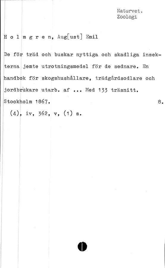  ﻿Naturvet.
Zoologi
Holmgren, Aug[ust] Smil
De för träd och buskar nyttiga och skadliga insek-
terna jemte utrotningsmedel för de sednare. En
handbok för skogshushållare, trädgårdsodlare och
jordbriikare utarb. af ... Med 133 träsnitt.
Stockholm 1867.	8.
(4), iv, 362, v, (1) s.