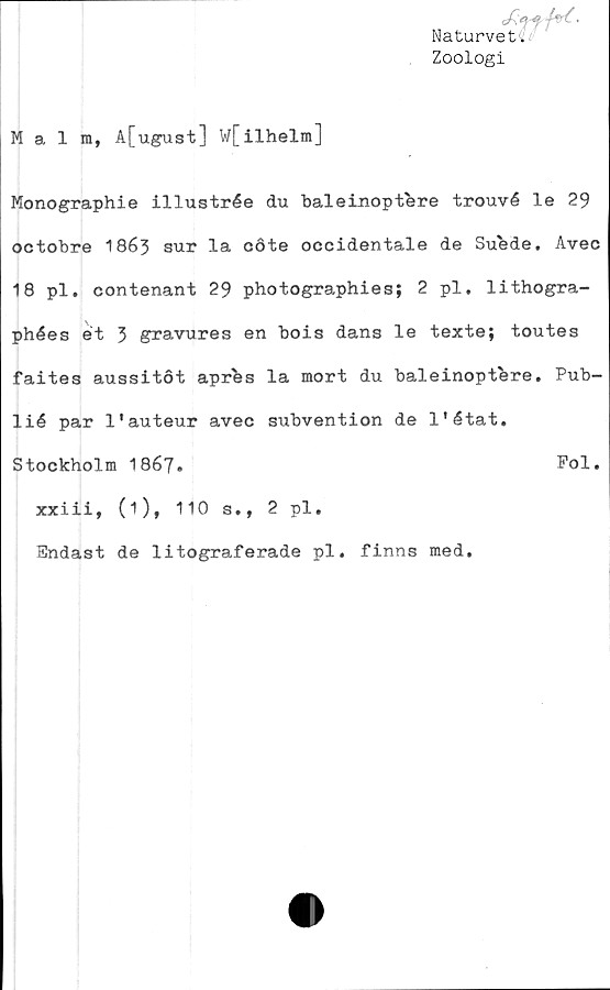 ﻿Naturvet.
Zoologi
Malm, A[ugust] w[ilhelm]
Monographie illustrée du baleinoptere trouvé le 29
octobre 1863 sur la cdte occidentale de Suede. Avec
18 pl. contenant 29 photographies; 2 pl. lithogra-
phées et 3 gravures en bois dans le texte; toutes
faites aussitot aprfes la mort du baleinoptbre. Pub-
lié par 1'auteur avec subvention de 1'état.
Stockholm 1867.	Pol.
xxiii, (1), 110 s., 2 pl.
Endast de litograferade pl. finns med.