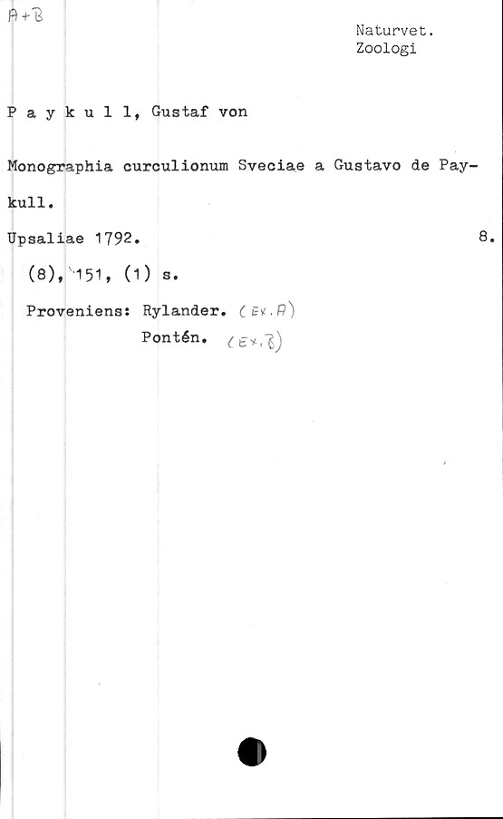  ﻿Naturvet.
Zoologi
Paykull, Gustaf von
Monographia curculionum Sveciae a Gustavo de Pay-
kull.
Upsaliae 1792.	8.
(8), 151, (1) s.
Proveniens: Rylander. (g*.#)
Pontén.