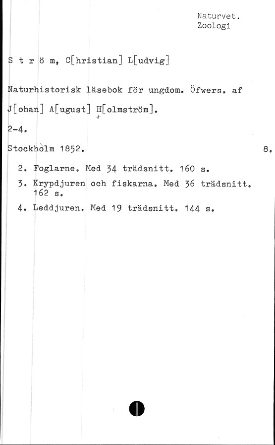  ﻿Naturvet.
Zoologi
Ström, C[hristian] L[udvig]
Naturhistorisk läsebok för ungdom. Öfwers. af
j[ohan] A[ugust] H[olmström],
■f
2-4.
Stockholm 1852.
2. Foglarne. Med 54 trädsnitt. 160 s.
5. Krypdjuren och fiskarna. Med 56 trädsnitt.
162 s.
4. Leddjuren. Med 19 trädsnitt. 144 s.