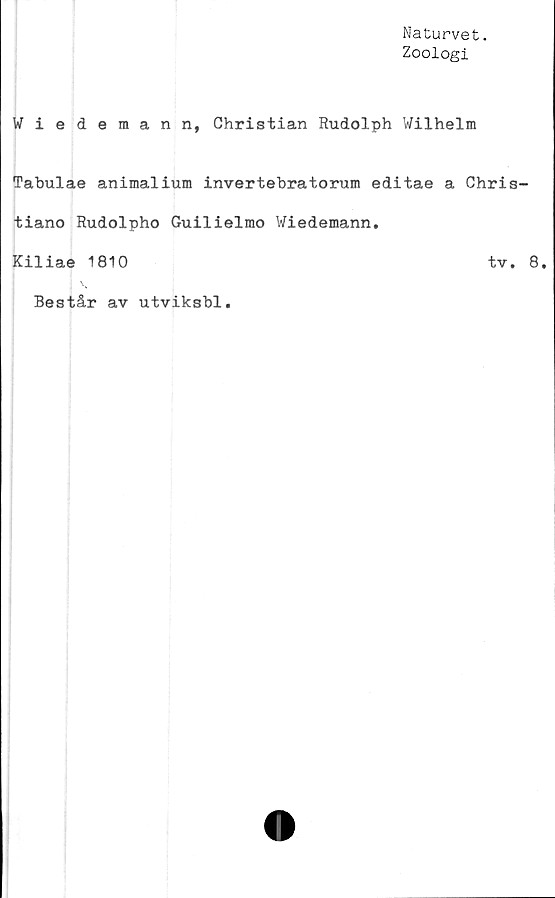  ﻿Naturvet.
Zoologi
Wiedemann, Christian Rudolph Wilhelm
Tabulae animalium invertebratorum editae a Chris-
tiano Rudolpho Guilielmo Wiedemann.
Kiliae 1810	tv. 8.
Består av utviksbl.