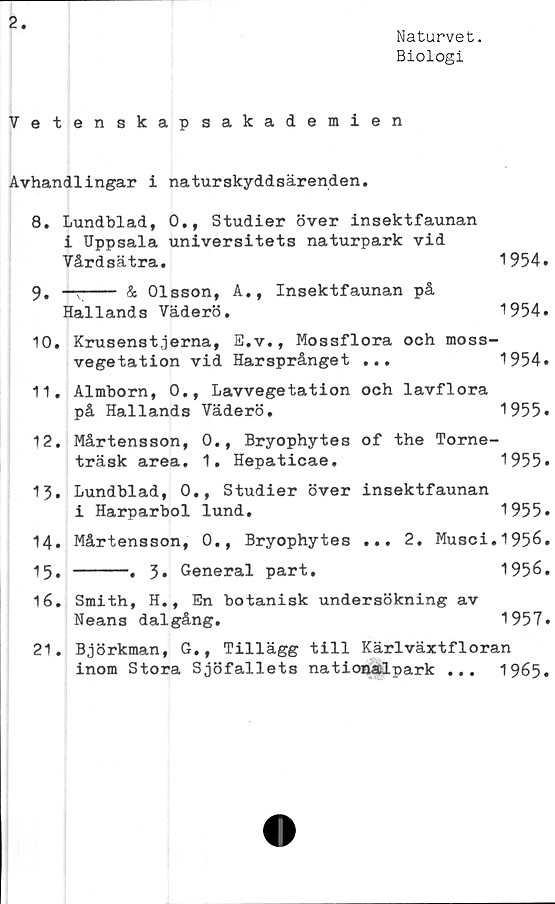  ﻿2
Naturvet.
Biologi
Vetenskapsakademien
Avhandlingar i naturskyddsärenden.
8.	Lundblad, 0., Studier över insektfaunan
i Uppsala universitets naturpark vid
Vårdsätra.	1954.
9. —---- & Olsson, A., Insektfaunan på
Hallands Väderö.	1954.
10.	Krusenstjerna, E.v., Mossflora och moss-
vegetation vid Harsprånget ...	1954.
11.	Almborn, 0., Lavvegetation och lavflora
på Hallands Väderö.	1955*
12.	Mårtensson, 0., Bryophytes of the Torne-
träsk area. 1. Hepaticae.	1955»
15. Lundblad, 0., Studier över insektfaunan
i Harparbol lund.	1955»
14.	Mårtensson, 0., Bryophytes ... 2. Musci.1956.
15.	----. 3. General part.	1956.
16.	Smith, H., En botanisk undersökning av
Neans dalgång.	1957»
21. Björkman, G., Tillägg till Kärlväxtfloran
inom Stora Sjöfallets nationalpark ...	1965.