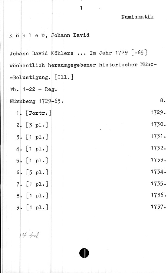  ﻿1
Numismatik
Köhler, Johann David
Johann David Köhlers ... Im Jahr 1729 [”65]
wöchentlich herausgegebener historischer Mxinz-
-Belustigung. [ill.]
Th. 1-22 + Reg.
Nurnberg 1729-65.	8.
1. [Portr.]	1729.
2.	[3 Pl-]
3.	[1 pl.]
4.	[1 Pl.]
5.	[1 pl.]
6.	[3 Pl.]
7.	[1 pl.]
8.	[1 pl.]
9.	[1 Pl.]
1734.
1737.
1736.
1735.
1733.
1731.
1732.
1730.
/'/ 4-4
