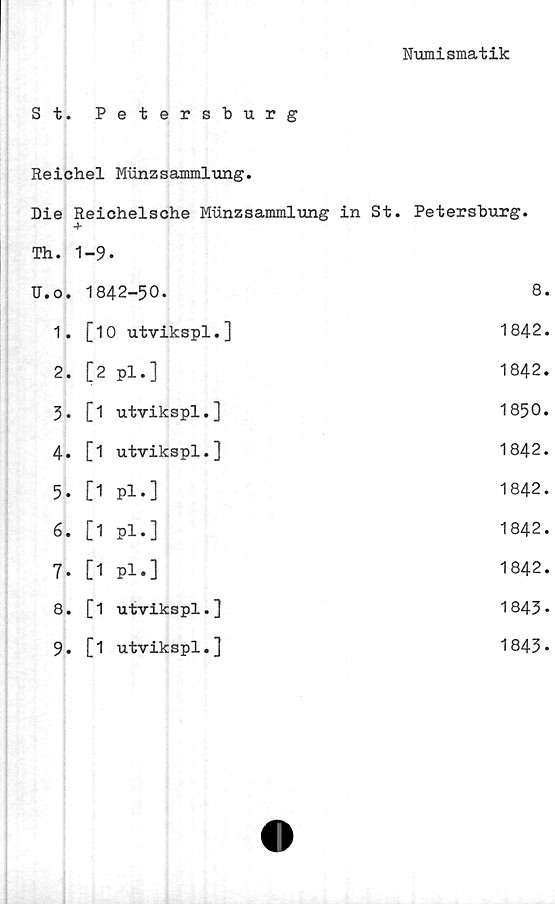  ﻿Numismatik
St. Petersburg
Reichel Munzsammlung.
Die Reichelsche Munzsammlung in St. Petersburg.
-f
Th. 1-9.	
U.o. 1842-50.	8.
1. [10 utvikspl.]	1842.
2. [2 pl.]	1842.
3* [1 utvikspl.]	1850.
4. [1 utvikspl.]	1842.
5. [1 Pl.]	• CM 00 v—
6. [1 pl.]	1842.
7. [1 pl.]	1842.
8. [1 utvikspl.]	1843.
9. [1 utvikspl.]	1843-