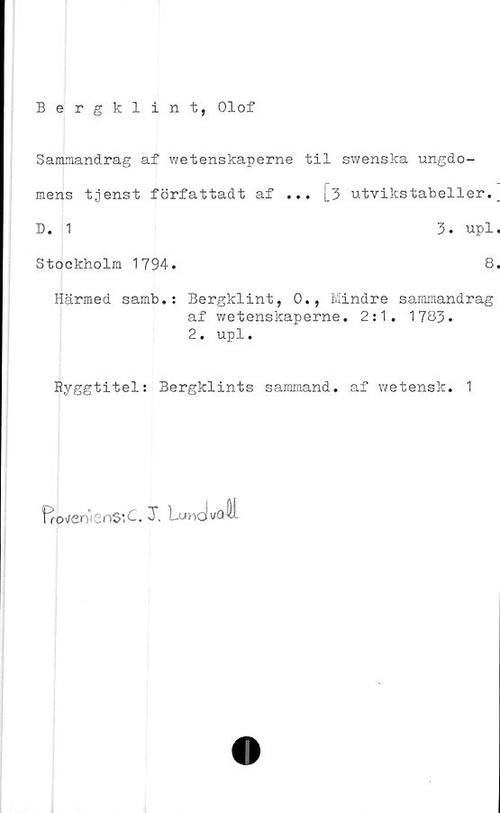  ﻿Bergklint, Olof
Sammandrag af wetenskaperne til swenska ungdo-
mens tjenst författadt af ... [3 utvikstabeller.
D. 1	3. upl.
Stockholm 1794.	8.
Härmed samb.: Bergklint, 0., Mindre sammandrag
af wetenskaperne. 2:1. 1783.
2. upl.
Ryggtitel: Bergklints sammand. af wetensk. 1
ProJ£o'tenS’C T. LmcPoii