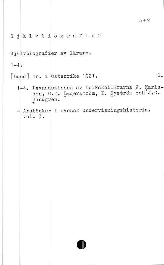  ﻿A+B
Självbiografier
Självbiografier av lärare.
1-4.
[lund] tr. i Österrike 1921.	8.
1-4. Levnadsminnen av folkskollärarna J. Karls-
son, Gr.F. Lagerström, D. Nyström och J.G.
Sandgren.
= Årsböcker i svensk undervisningshistoria.
Vol. 3.