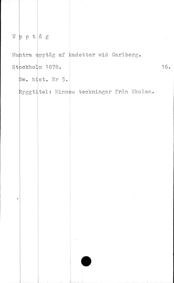  ﻿Upptåg
Muntra upptåg af kadetter wid Carlberg.
Stockholm 1878.	16.
Sw. hist. Nr 5.
Ryggtitel: Minnets teckningar från Skolan.