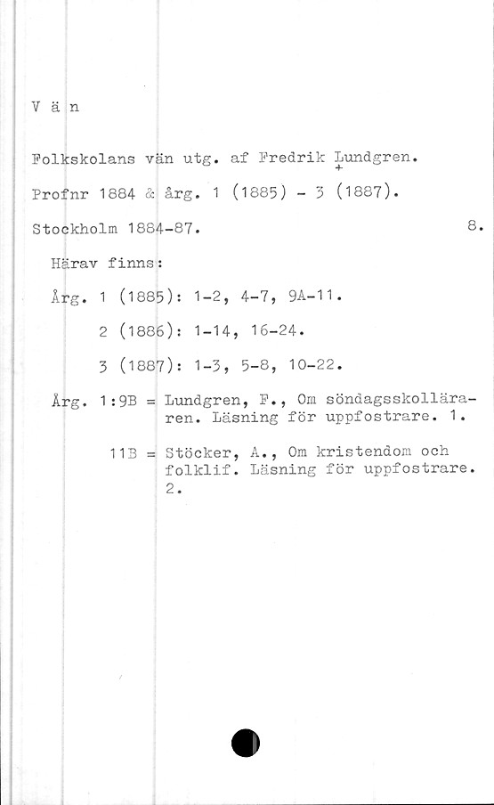  ﻿Folkskolans vän utg. af Fredrik Lundgren
Profnr 1884 & årg. 1 (1885) - 3 (1887).
Stockholm 1884-87.
8.
Härav finns:
Årg. 1 (1885): 1-2, 4-7, 9A-11.
2	(1886): 1-14, 16-24.
3	(1887): 1-3, 5-8, 10-22.
Årg. 1:9B = Lundgren, F., Om söndagsskollära-
ren. Läsning för uppfostrare. 1.
113 = Stöcker, A., Om kristendom och
folklif. Läsning för uppfostrare.
2.