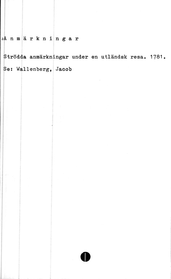  ﻿^Anmärkningar
Strödda anmärkningar under en utländsk resa. 1781.
Se: Wallenberg, Jacob