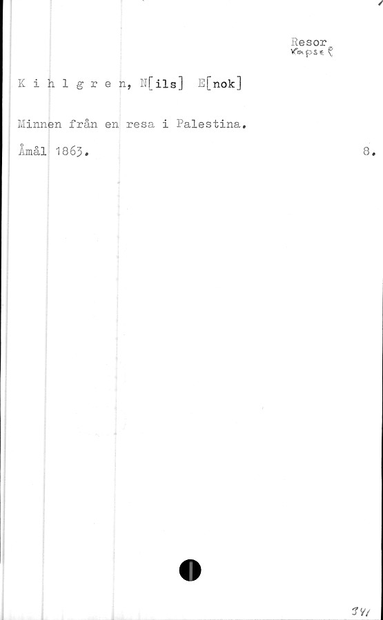  ﻿✓
Resor^,
Kihlgren, ll[ils] E[nok]
Minnen från en resa i Palestina.
Åmål 1863.	8»
?vy