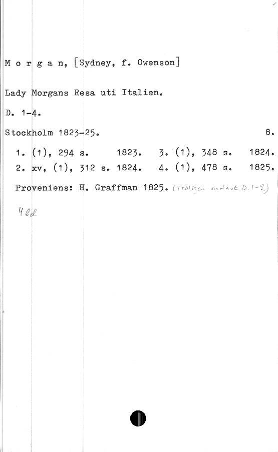  ﻿✓
Morgan, [Sydney, f. Owenson]
Lady Morgans Resa uti Italien.
D. 1-4.
Stockholm 1823-25.	8.
1. O), 294 s. 1823.	3. (1), 348 s.	1824.
2. xv, (1), 312 s. 1824.	4. (0, 478 s.	1825.
Proveniens: H. Graffman 1825. (TrtUy*.	D.i-1)
HU


