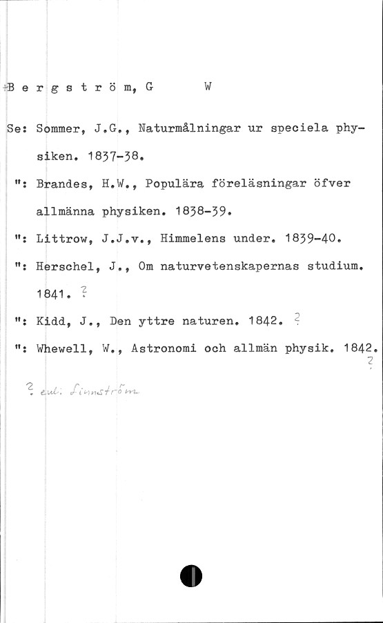  ﻿Ses Sommer, J.G., Naturmålningar ur speciela phy-
siken. 1837-38.
Brändes, H.W., Populära föreläsningar öfver
allmänna physiken. 1838-39.
Littrow, J.J.v., Himmelens under. 1839-40.
"s Herschel, J., Om naturvetenskapernas studium.
1841. ?
Kidd, J., Den yttre naturen. 1842.
Whewell, W., Astronomi och allmän physik. 1842.
2
^ e.uL. £C^méirtii