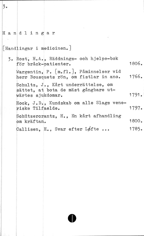  ﻿3
Handl ingår
[Handlingar i medicinen.]
3. Rost, H.A., Räddnings- och hjelpe-bok
för bråck-patienter.	1806.
Wargentin, P. [m.fl.], Påminnelser vid
herr Bousquets rön, om	fistlar	in	ano. 1766.
Schultz, J., Kårt underrättelse, om
sättet, at bota de mäst gångbare ut-
wärtes sjukdomar.	1791.
Hock, J.D., Kundskab om alle Slags vene-
riske Tilfaelde.	1797.
Schtttzercrantz, H., En kårt afhandling
om kräftan.	1800.
Callisen, H., Svar efter	L^fte	...	1785.