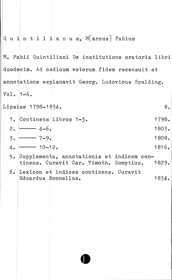  ﻿Quintilianus, M[arcus] Fabius
M. Fabii Quintiliani De institutione oratoria libri
duodecim. Ad codicum veterum fidem recensuit et
annotatione explanavit Georg. Ludovicus Spalding.
Vol. 1-6.
Lipsiae 1798-1834.	8.
1.	Continens libros 1-3.	1798.
2.	----- 4-6.	1803.
3.	----- 7-9.	1808.
4. ------ 10-12.	1816.
5.	Supplementa, annotatlonis et indicem con-
tinens. Curavit Car. Timoth. Zumptius. 1829.
6.	Lexicon et indices continens. Curavit
Eduardus Bonnellus,	1834.