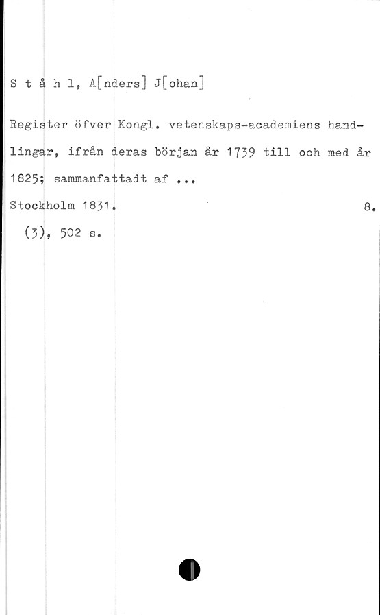  ﻿Ståhl, A[nders] j[ohan]
Register öfver Kongl. vetenskaps-academiens hand-
lingar, ifrån deras början år 1739 till och med år
1825; sammanfattadt af ...
Stockholm 1851.	8.
(3),
502
s.