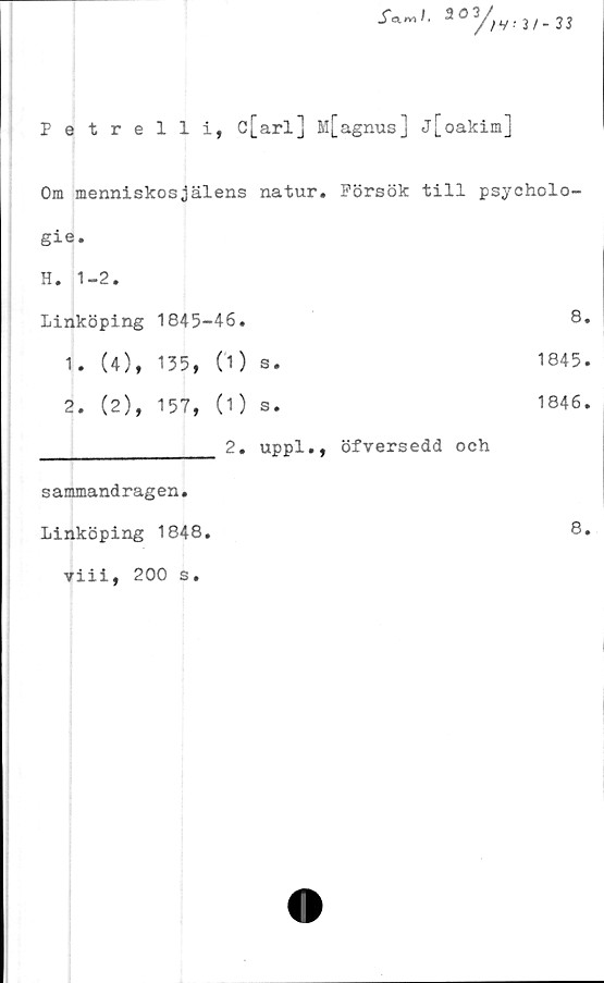  ﻿Petrelli, c[arl] M[agnus] j[oakim]
Om menniskosjälens natur. Försök till psycholo-
gie.		
H. 1-2.		
Linköping	1845-46.	8
1. (4),	135, (1) s.	1845
2. (2),	157, (1) s.	1846
2. uppl., öfversedd och
s ammand rag en.
Linköping 1848.	8.
viii, 200 s.