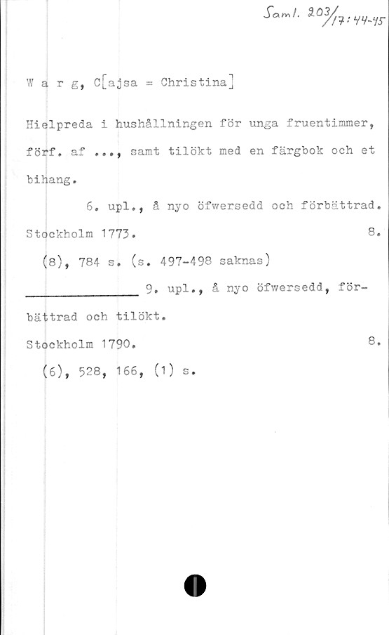  ﻿Warg, ö[ajsa = Christina]
Sc\rr\l.
)2/r‘
' vv-yj-
Hielpreda i hushållningen för unga fruentimmer,
förf. af ..., samt tilökt med en färgbok och et
bihang.
6. upl., å nyo öfwersedd och förbättrad.
Stockholm 1773.	8*
(8), 784 s. (s. 497-498 saknas)
________________ 9, upl., å nyo öfwersedd, för-
bättrad och tilökt.
Stockholm 1790.	8»
(6), 528, 166, (1) s.