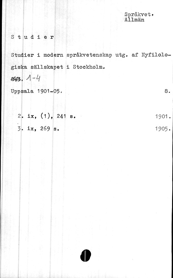  ﻿Språkvet»
Allmän
Studier
Studier i modern språkvetenskap utg. af Nyfilolo-
giska sällskapet i Stockholm.
04*. A-H
Uppsala 1901-05.	8.
1901 .
2.	ix, (1), 241 s
3.	ix, 269 3.
1905.